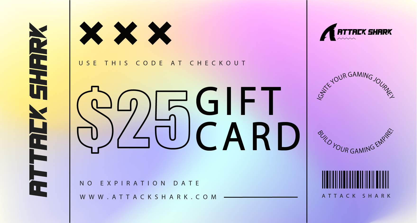 $25 ATTACK SHARK gift card with no expiration date for gaming purchases.