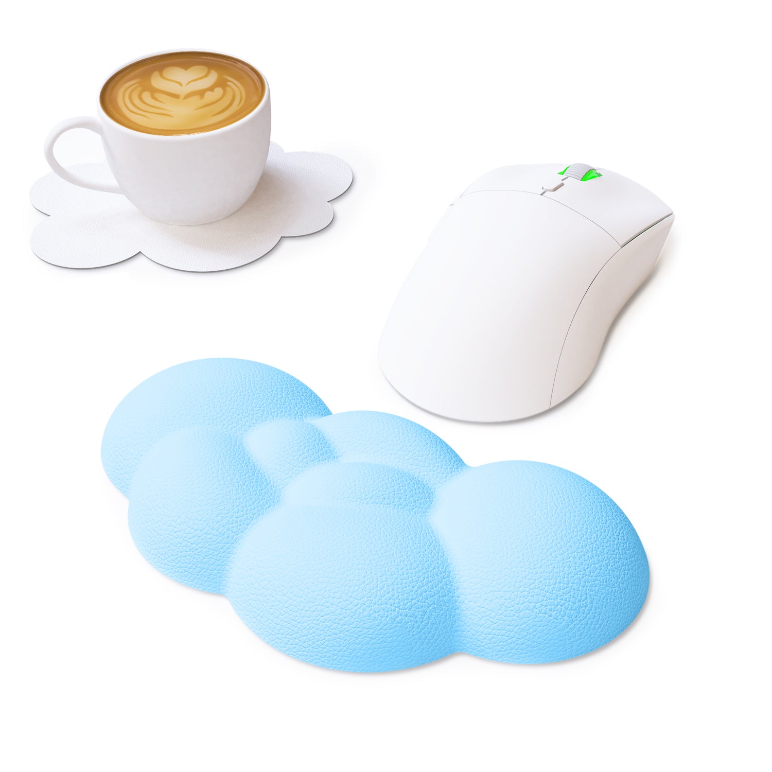 Light blue cloud wrist rest with white gaming mouse and coffee cup on cloud coaster.