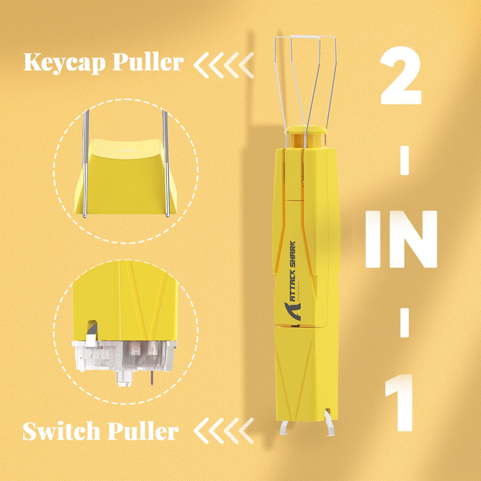 Yellow Attack Shark 2-in-1 keycap and switch puller with ergonomic design.