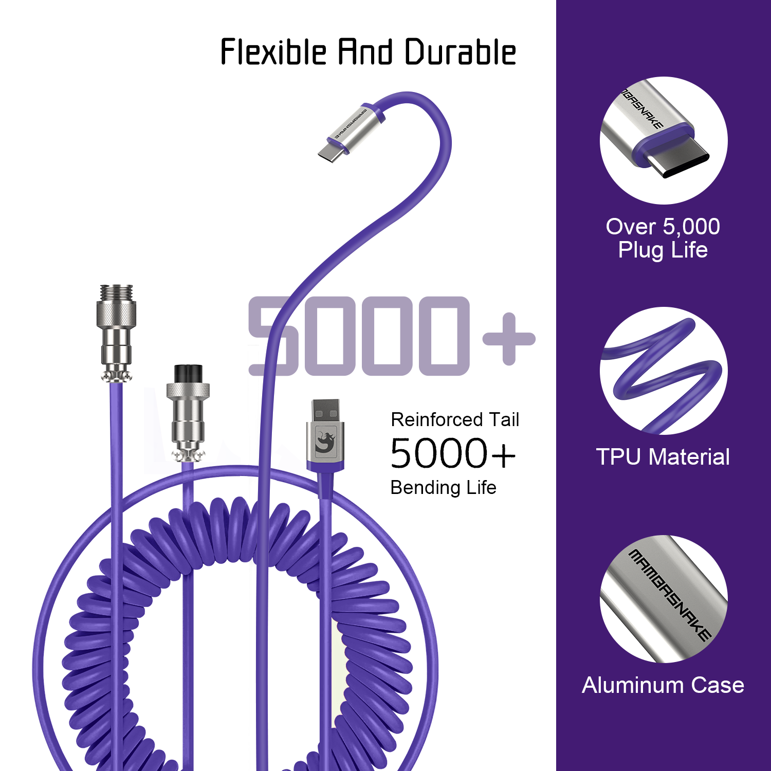 Purple coiled USB-C keyboard cable with detachable aviator connector and aluminum casing.