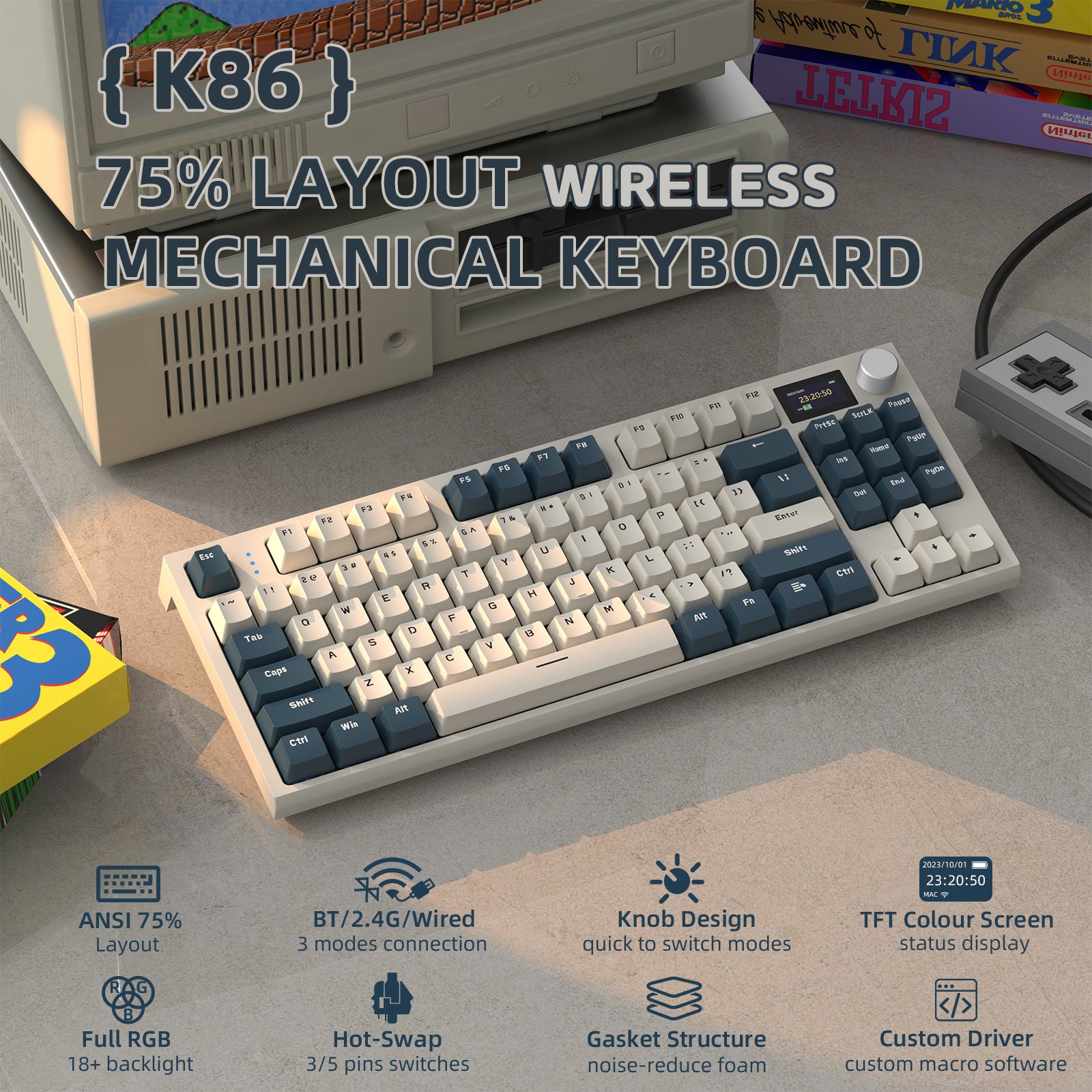 K86 wireless mechanical keyboard with 75% layout, customizable controls, and TFT display