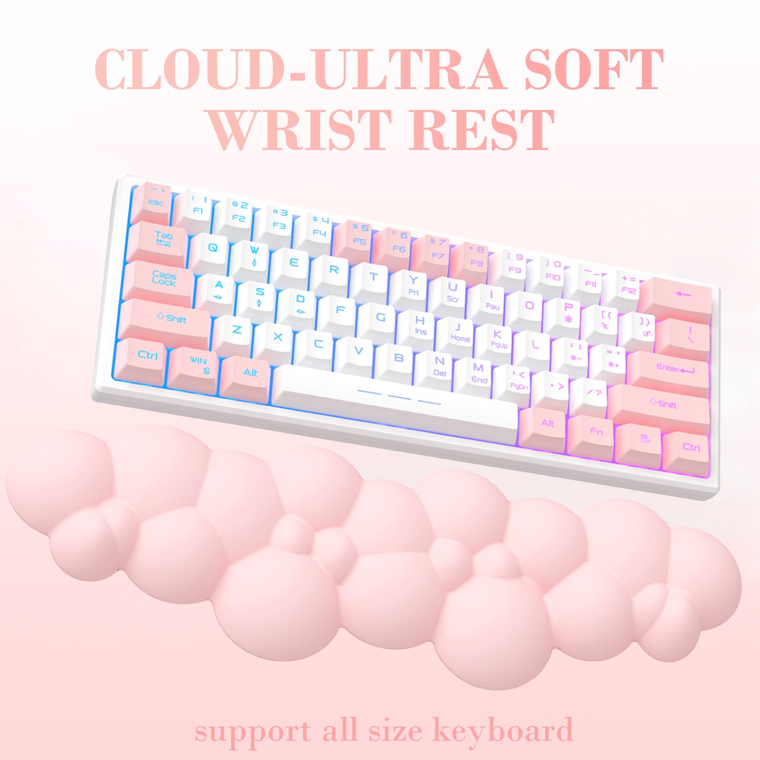 Pink cloud-shaped ultra-soft wrist rest supporting pastel mechanical keyboard.