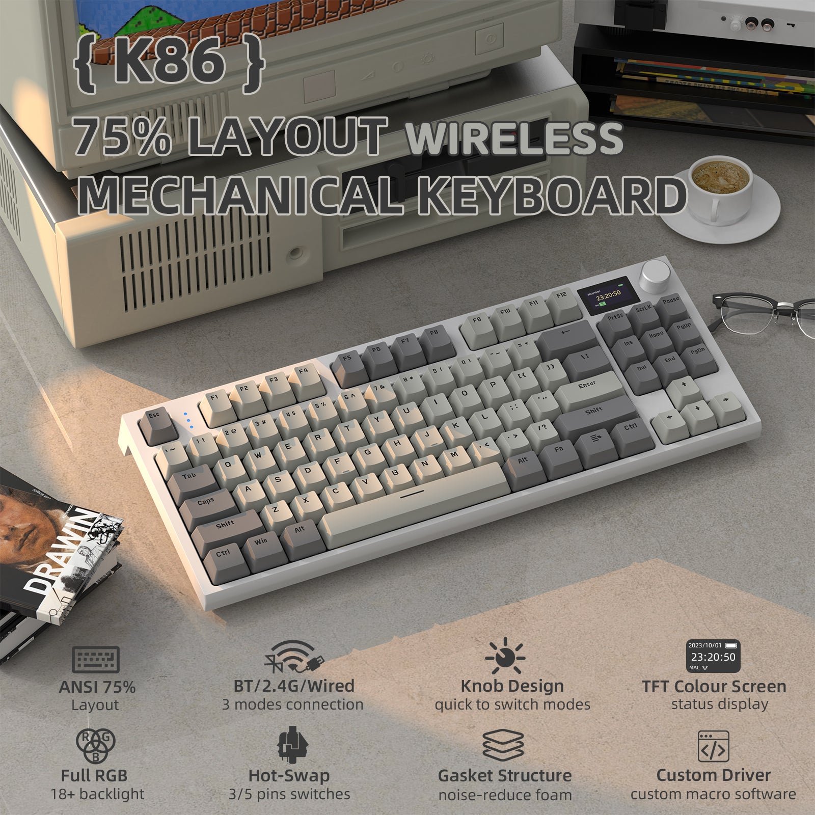 K86 wireless mechanical keyboard with TFT display and adjustable RGB lighting