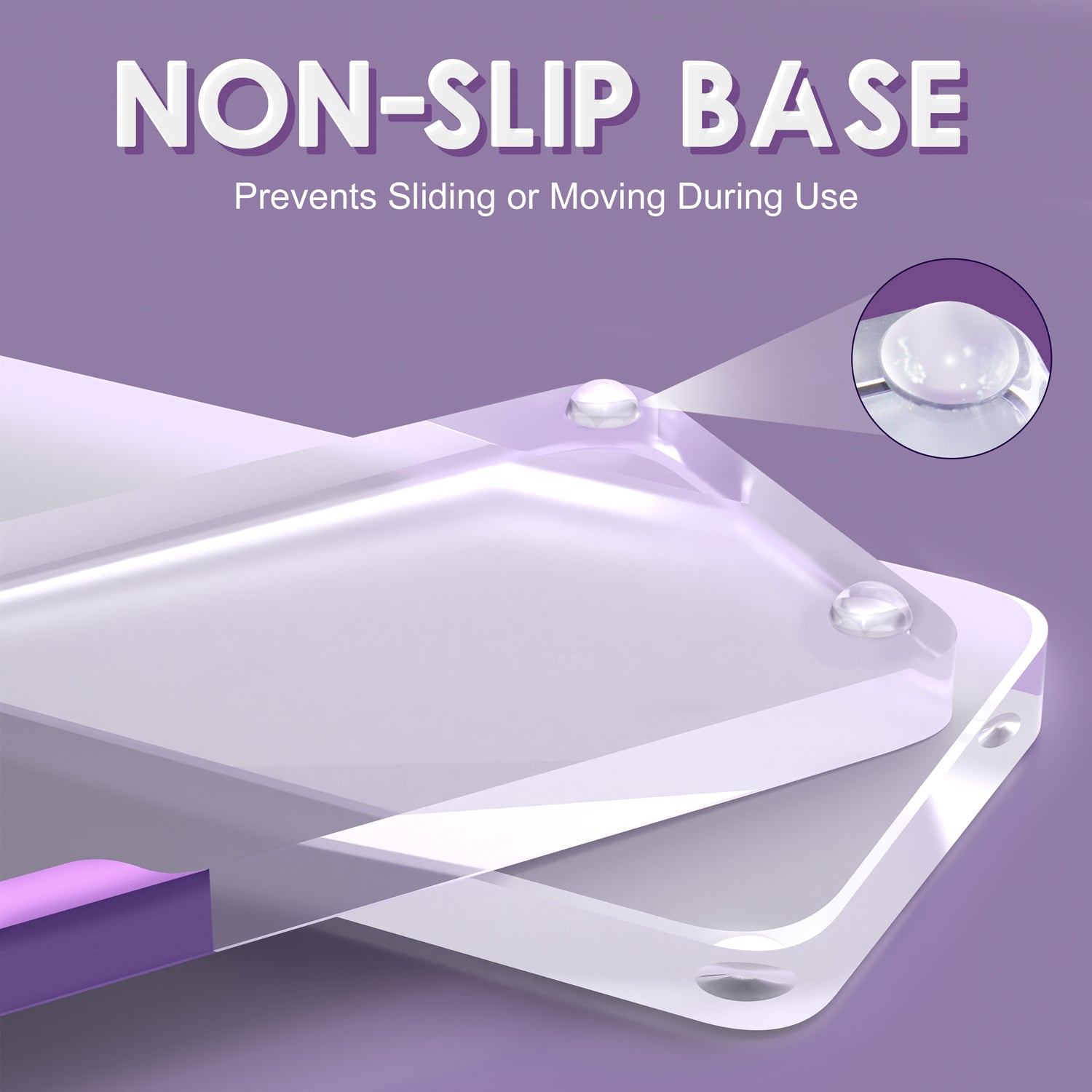 Non-slip base of translucent acrylic wrist rest showing rubber pads for stability.