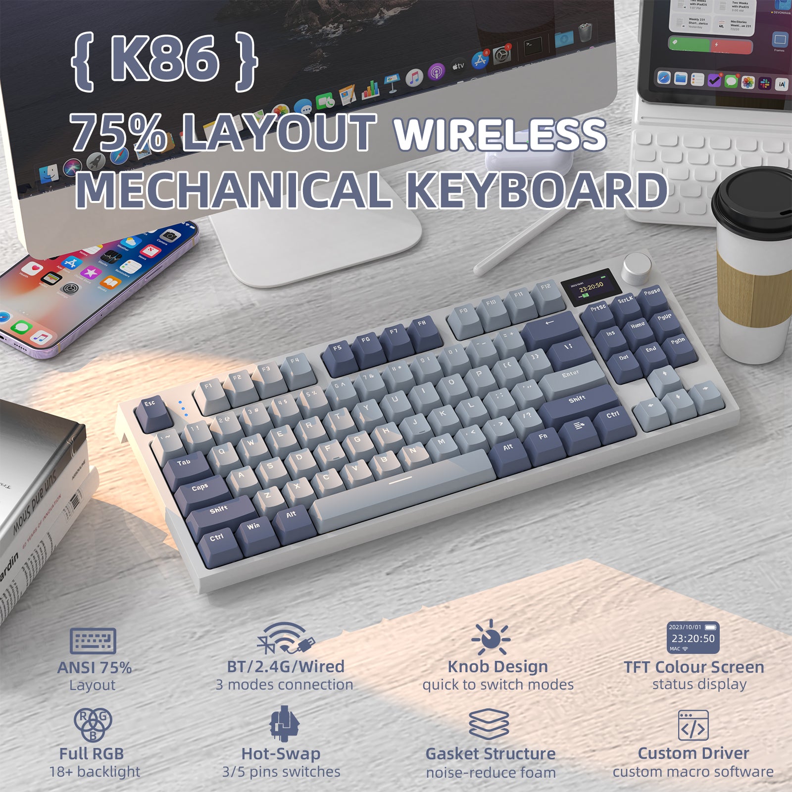 Attack Shark K86 75% layout wireless mechanical keyboard with TFT color display