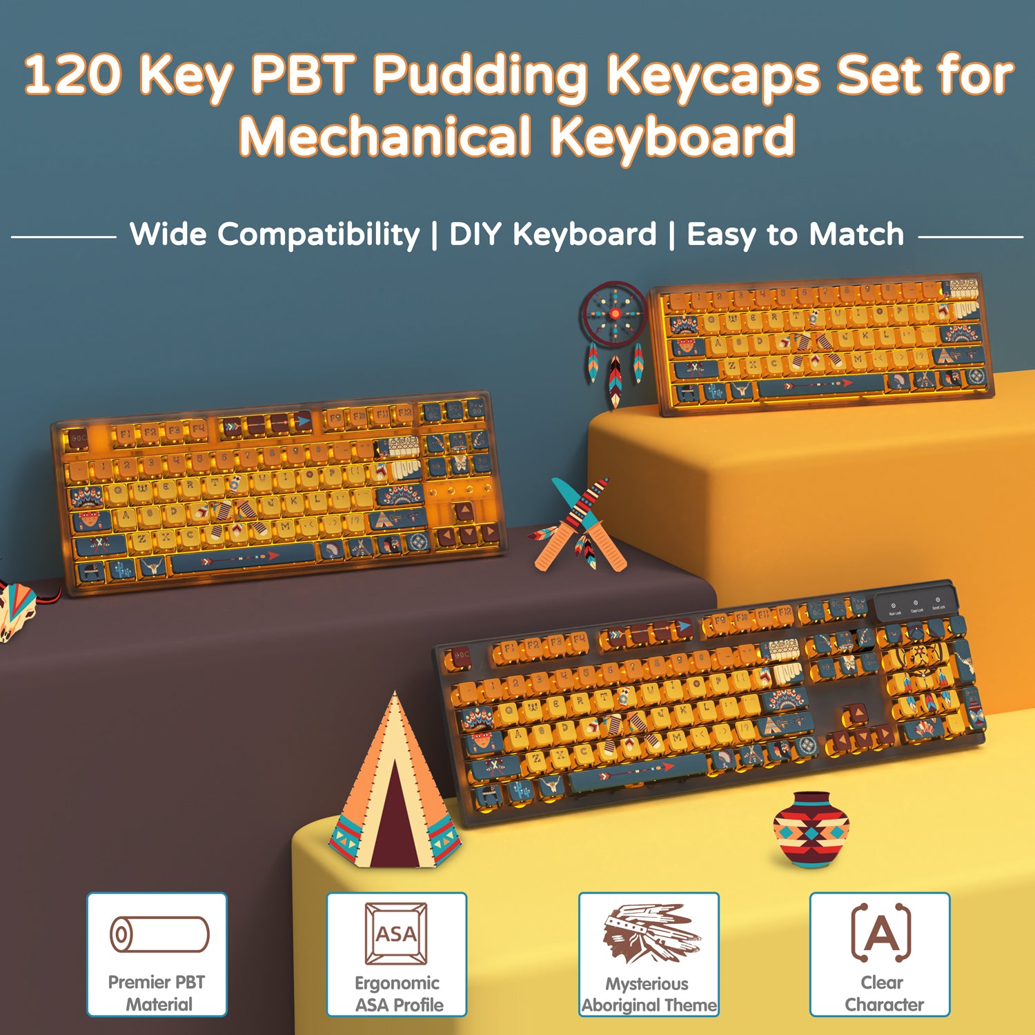 120-key PBT pudding keycaps set with aboriginal themes for mechanical keyboards.