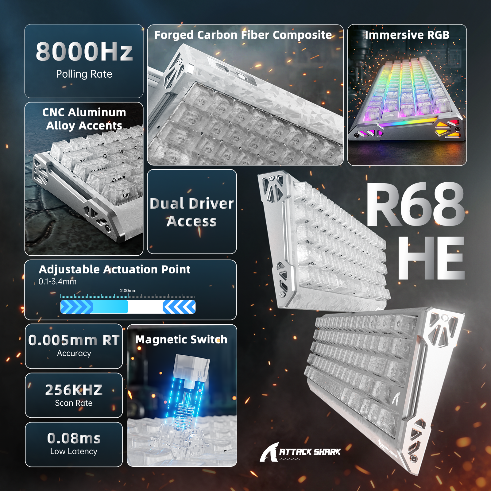 ATTACK SHARK R68 HE Teclado de fibra de carbono con gatillo rápido e interruptor magnético