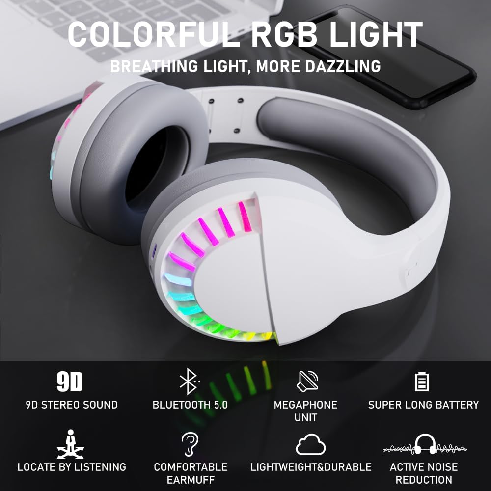 White wireless headset with 9D stereo sound, Bluetooth 5.0, and vibrant RGB lighting.