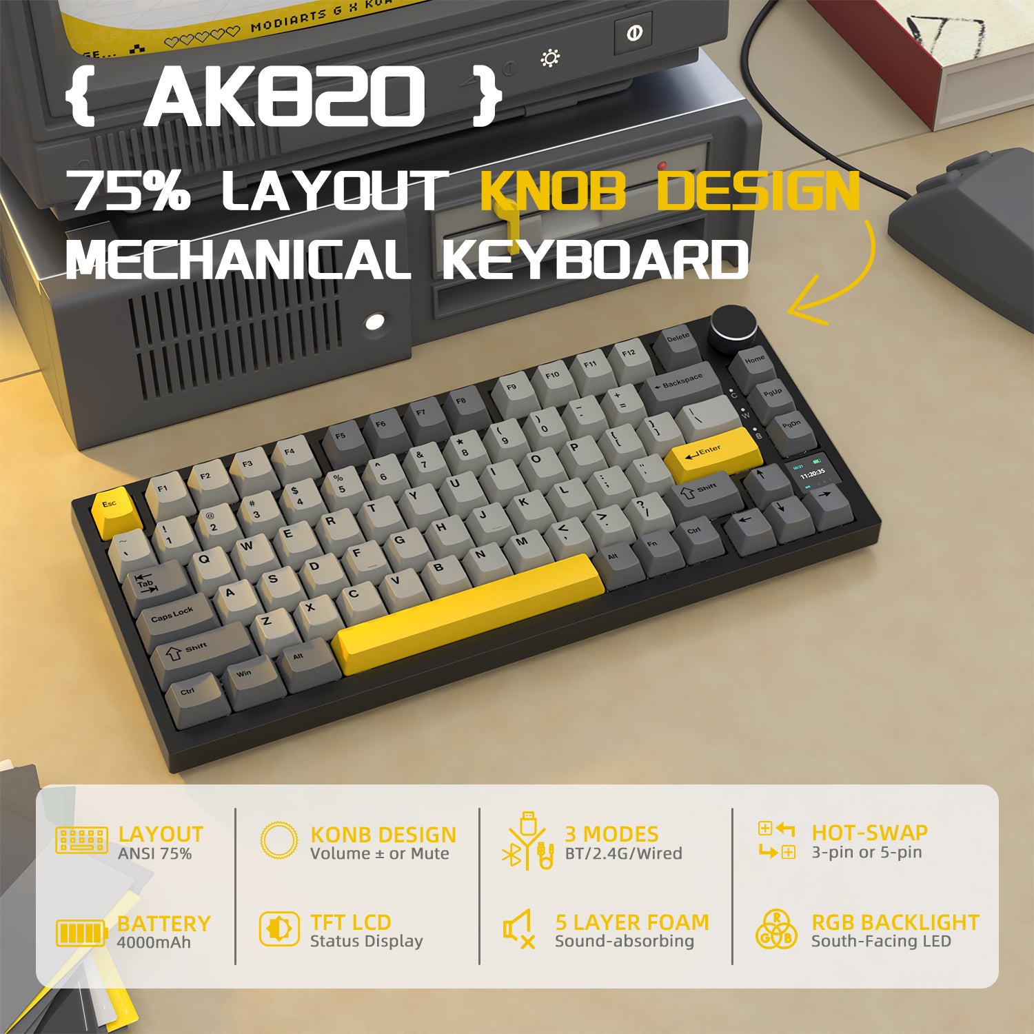 Gray and yellow AK820 mechanical keyboard with knob, 75% layout, and RGB lighting