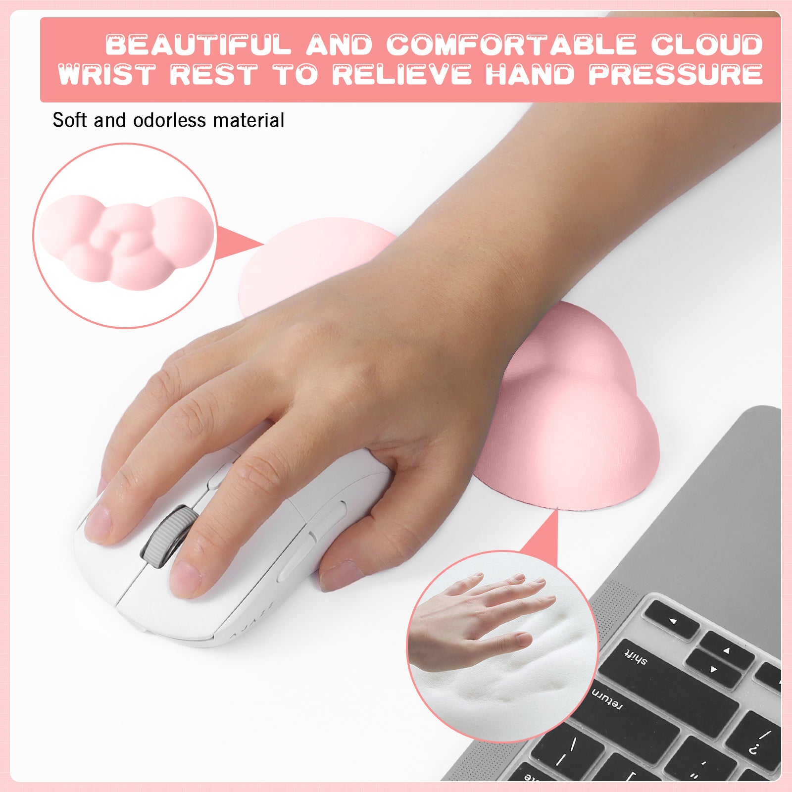 Pink cloud-shaped wrist rest for gaming mouse with ergonomic design and soft material.