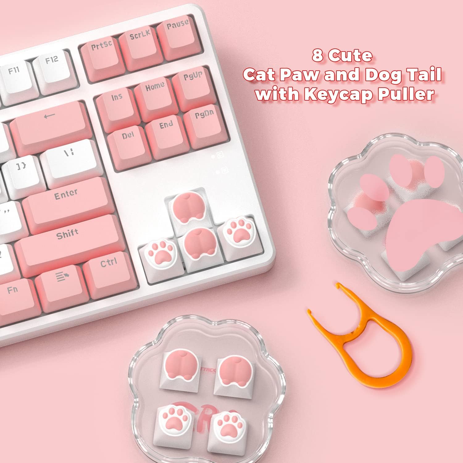 Pink cat paw and dog tail keycaps on white keyboard with paw-shaped storage box.