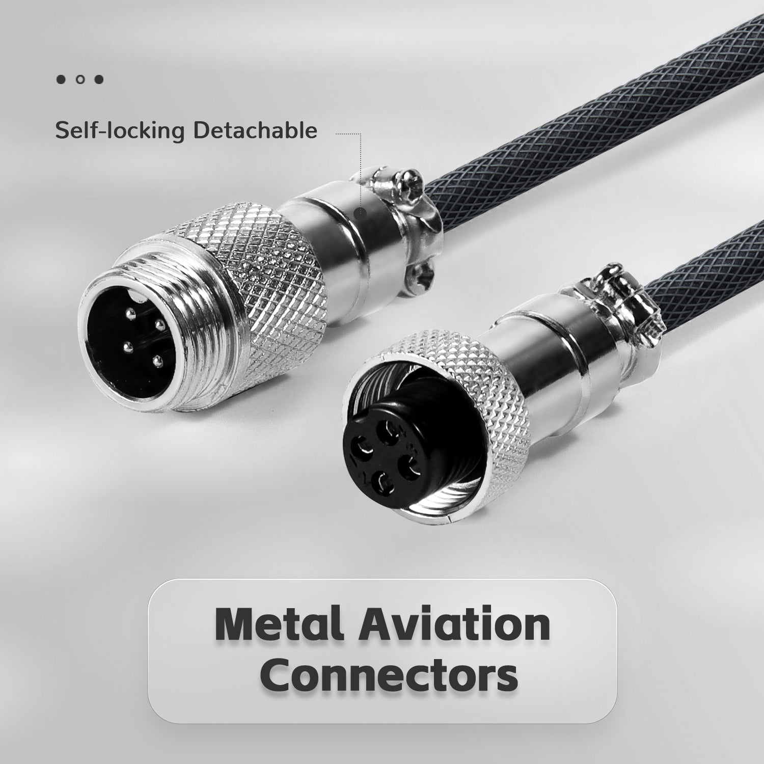 Close-up of Metal Aviation Connectors on a detachable coiled cable