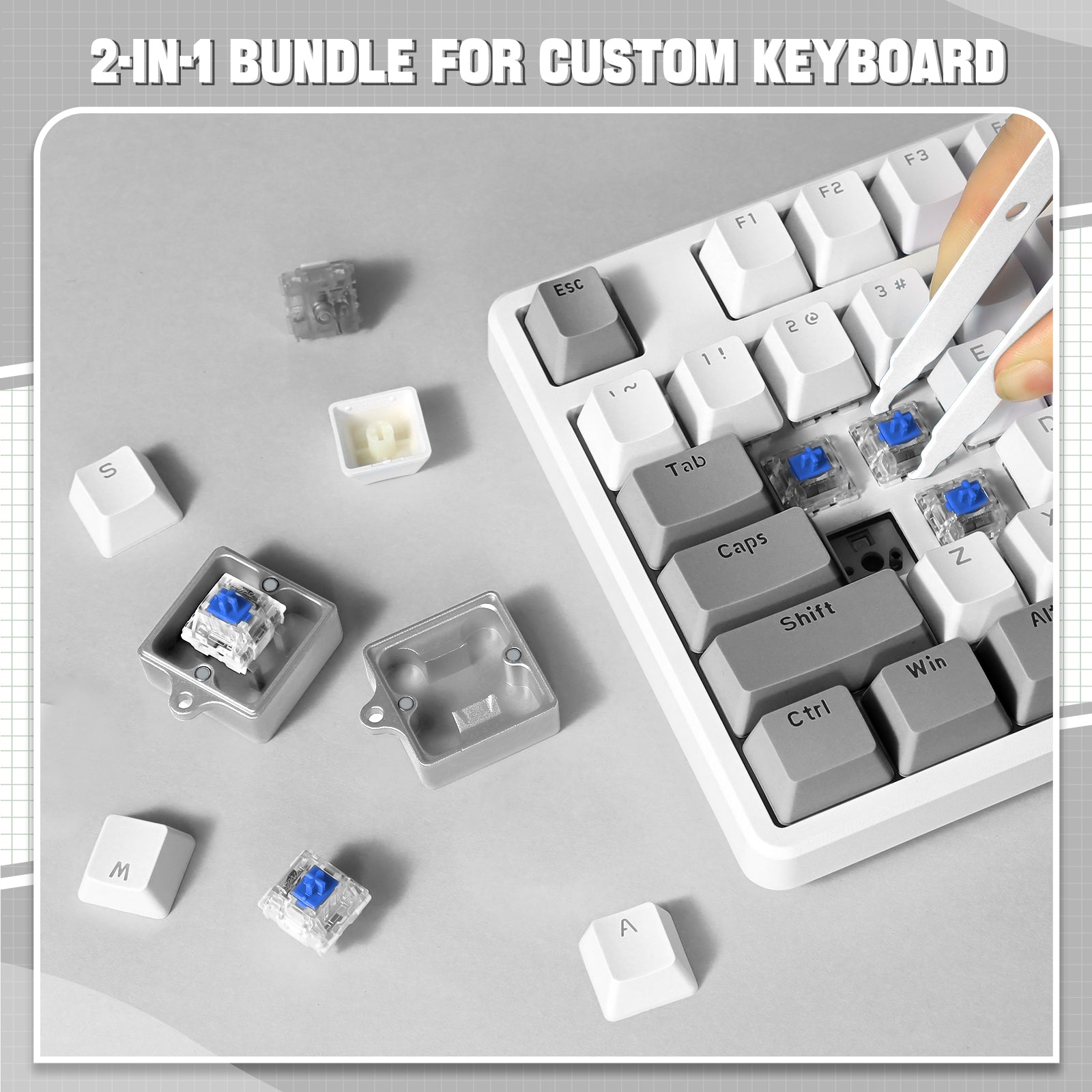 2-in-1 switch opener kit and puller for keyboard customization on gray background