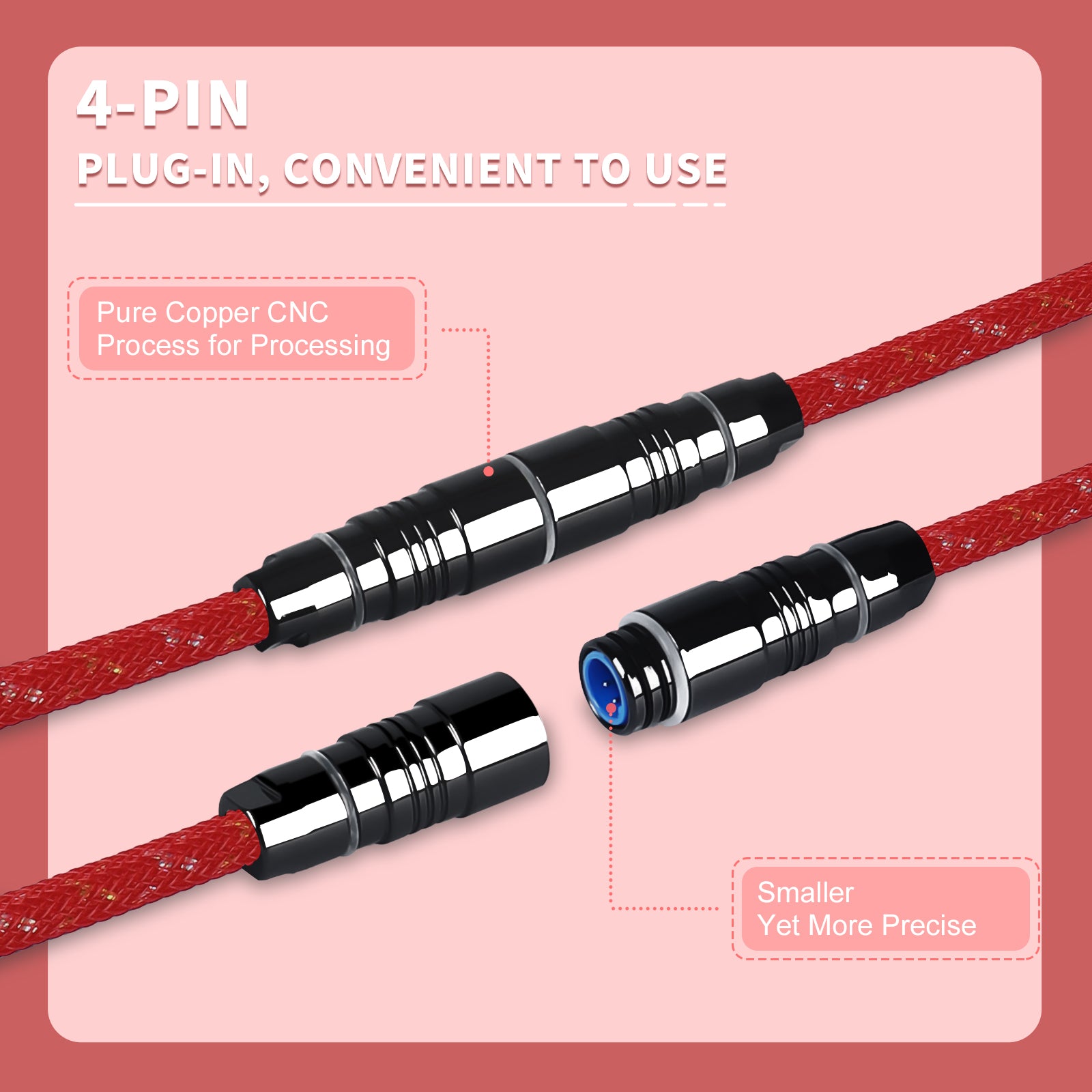 4-pin plug-in connectors on a red braided USB cable for gaming peripherals.