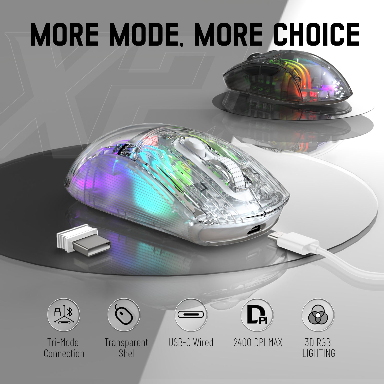 Attack Shark X2 wireless mouse with tri-mode connectivity and vibrant RGB lighting.