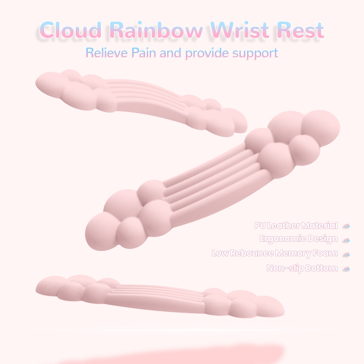 Cloud rainbow wrist rest in pink with ergonomic design features for comfort.