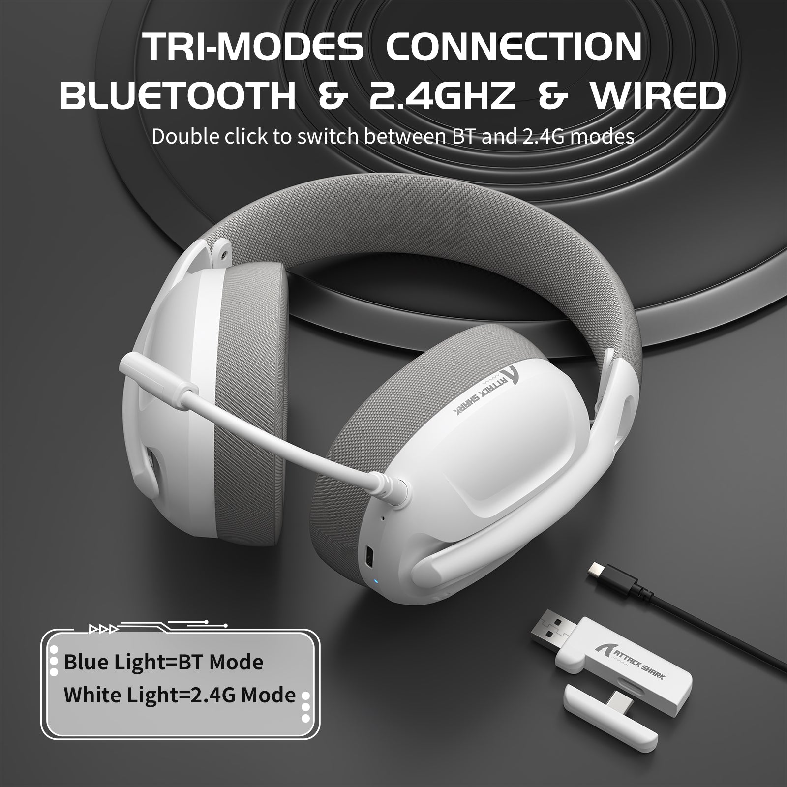 Attack Shark L80 headset showing Bluetooth and 2.4GHz connection with USB dongle.