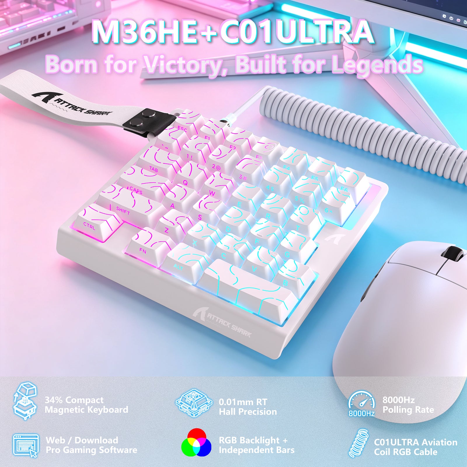Teclado con interruptor magnético de una mano ATTACK SHARK M36 HE y cable aviador LED ULTRA C01
