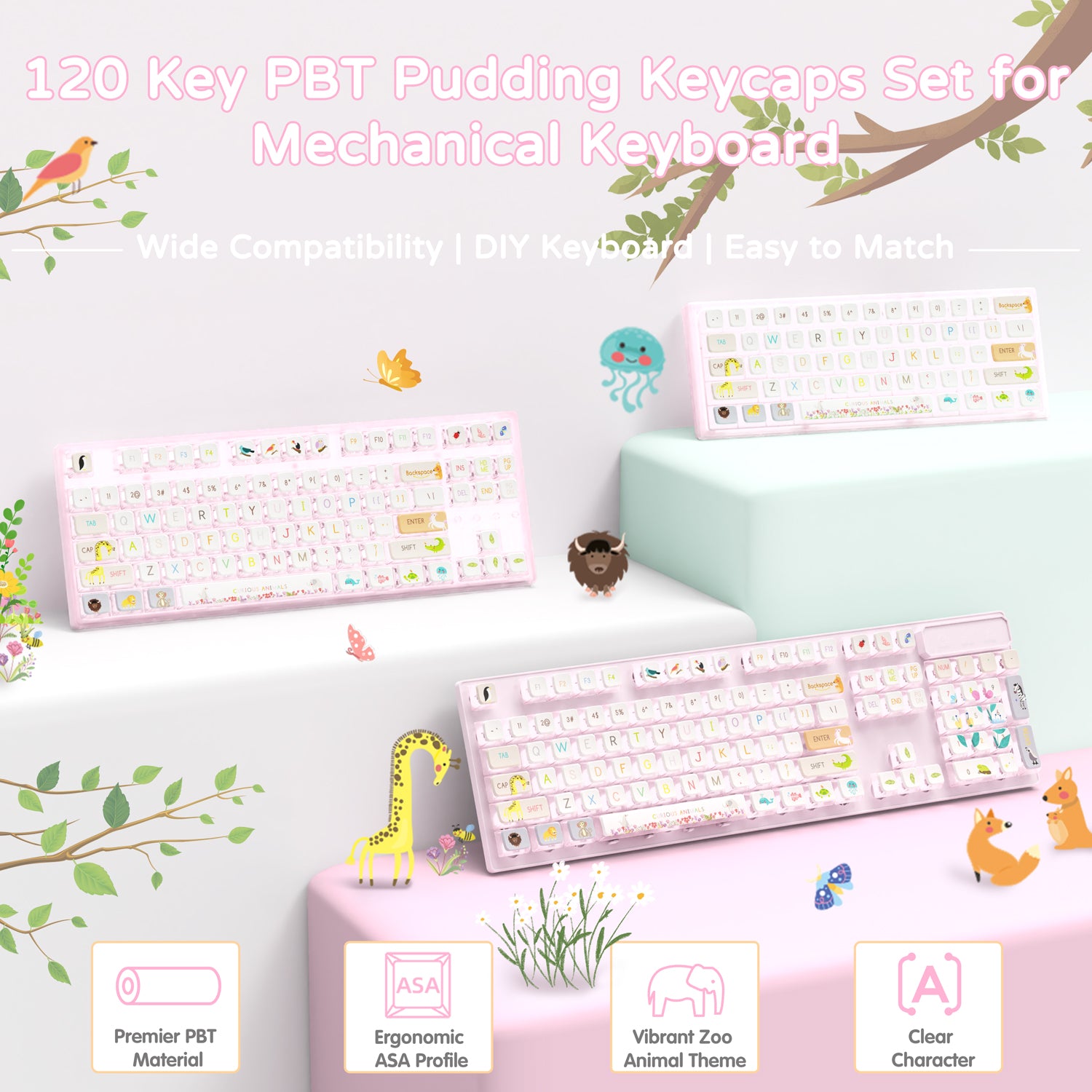 120-key PBT pudding keycaps set with vibrant zoo animal designs for mechanical keyboards.