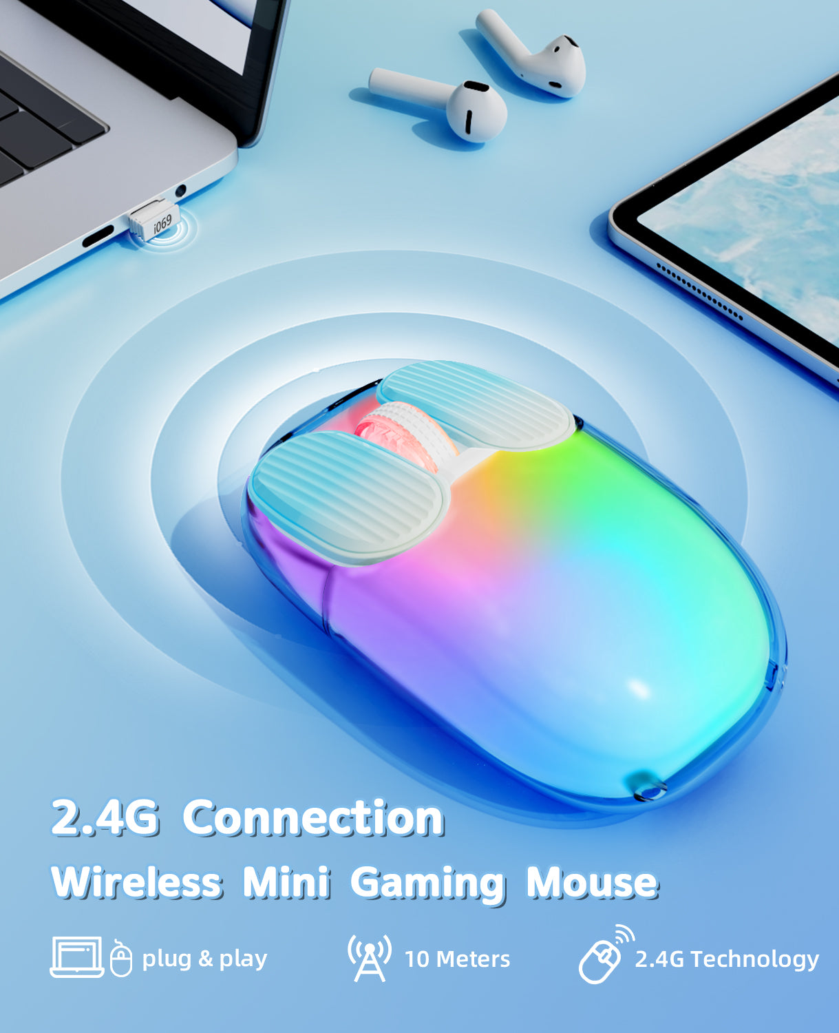 Attack Shark I069 Mini Wireless Gaming Mouse with 2.4G connection and RGB backlight.