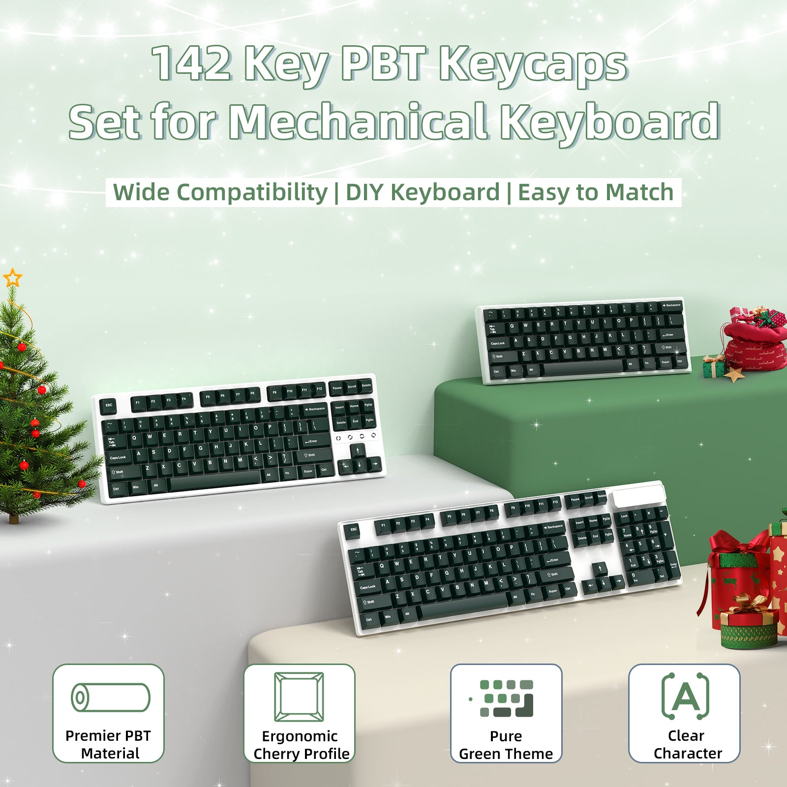 142 key PBT keycap set for mechanical keyboards with ergonomic design and festive background.