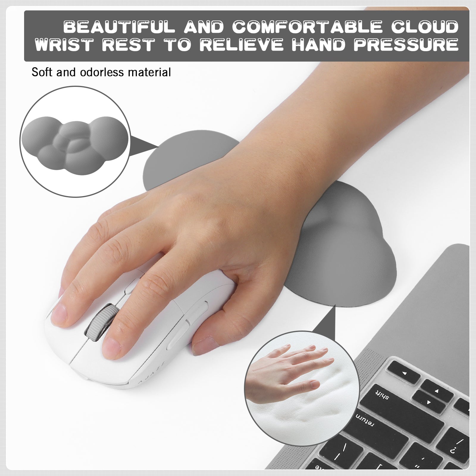 Cloud-shaped wrist rest demonstrating hand pressure relief with gaming mouse.