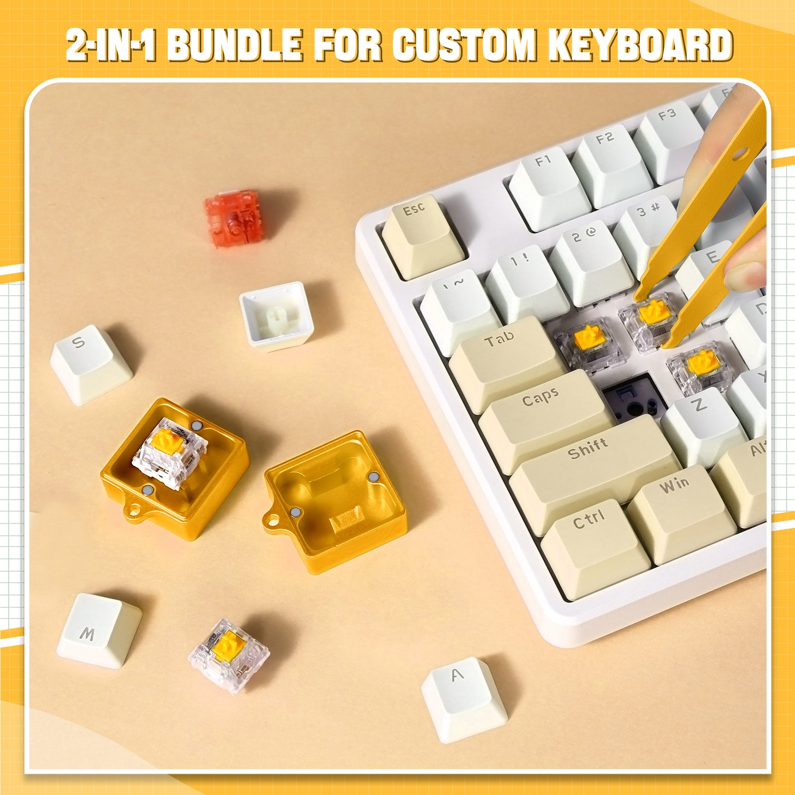 2-in-1 yellow switch opener kit with keycap puller for custom mechanical keyboards.