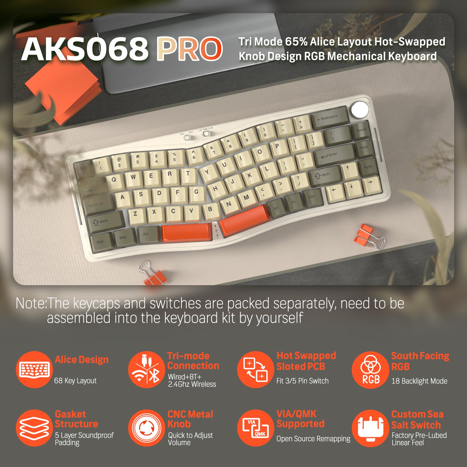 AKS068 PRO Alice Wireless Keyboard features tri-mode connection, ergonomic layout, and hot-swappable.