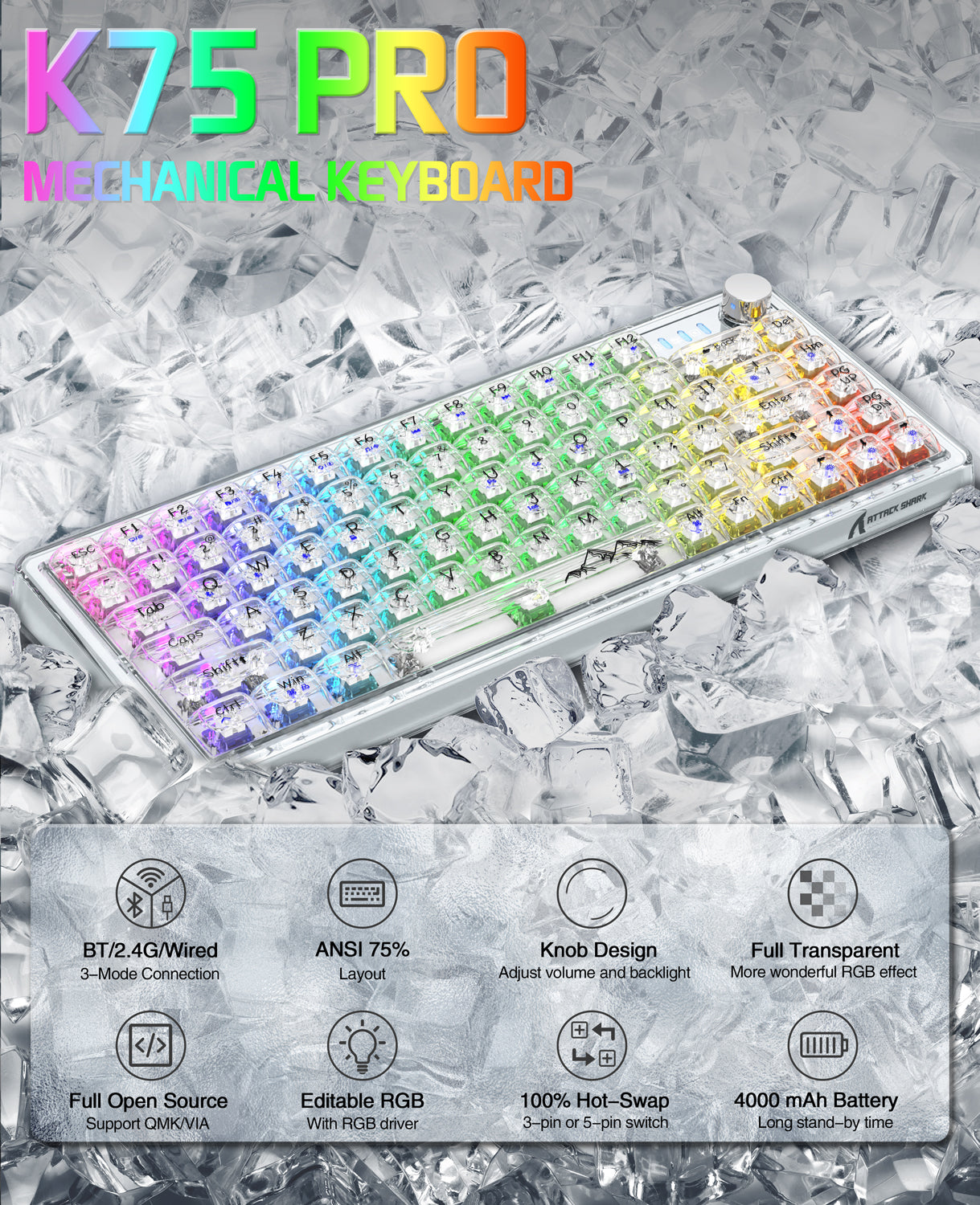 K75 Pro RGB mechanical keyboard with transparent keys and colorful backlit effects.