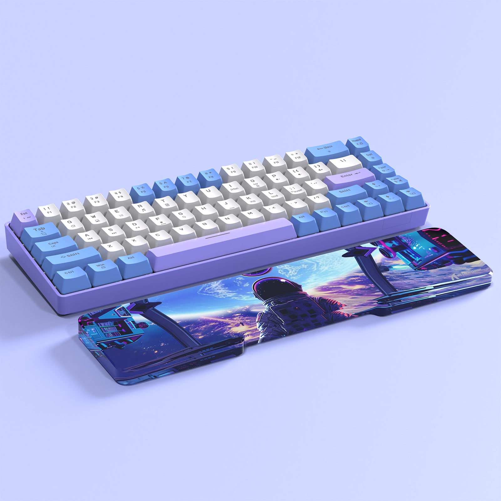 Colorful astronaut acrylic wrist rest under a blue and white mechanical keyboard