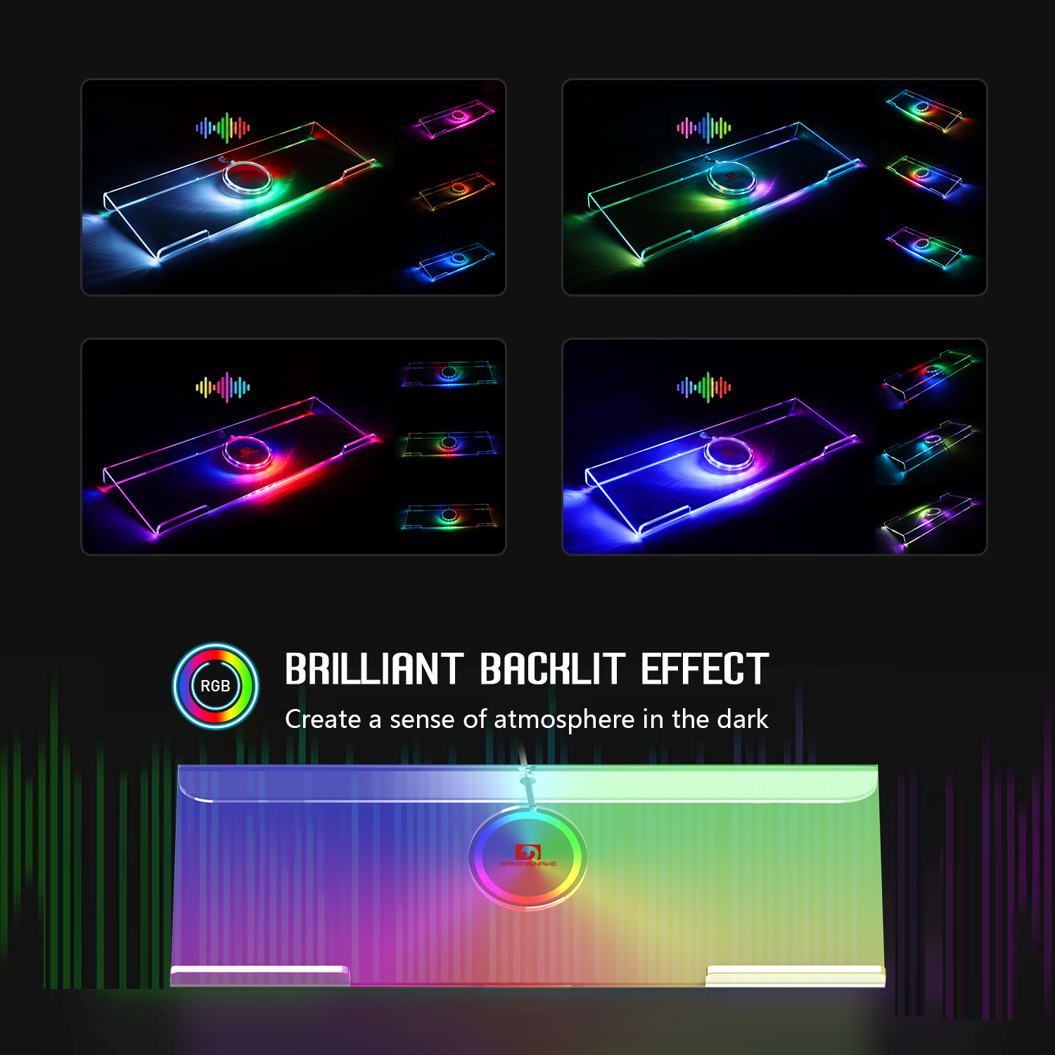 Vibrant RGB backlit effects of ergonomic keyboard holder in a dark backdrop.