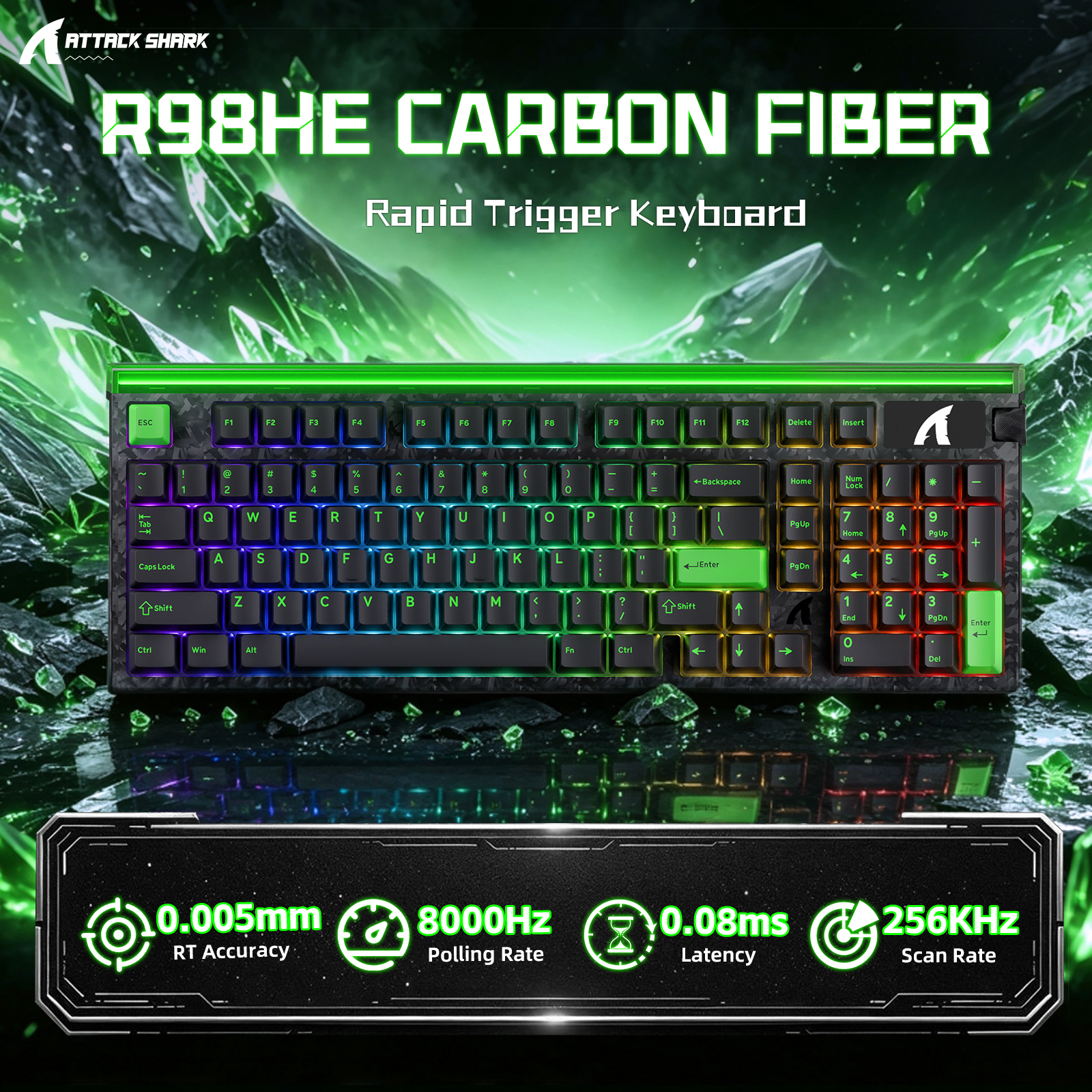 Teclado con cable ATTACK SHARK R98 HE de fibra de carbono, gatillo rápido, interruptor magnético y cable en espiral C01 Ultra RGB