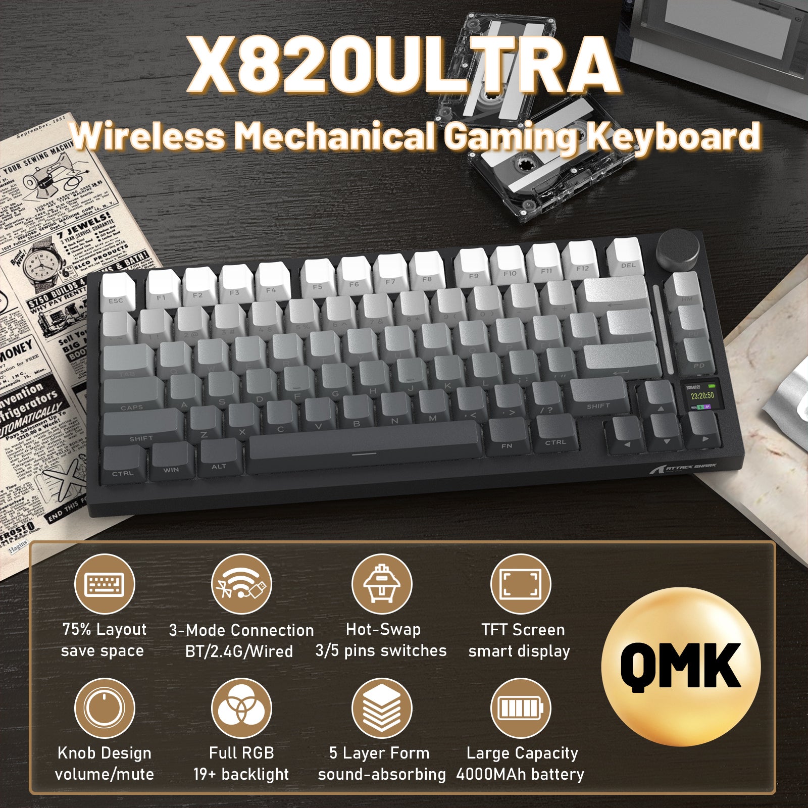 Teclado mecánico ATTACK SHARK X820ULTRA con cable en espiral C01ULTRA