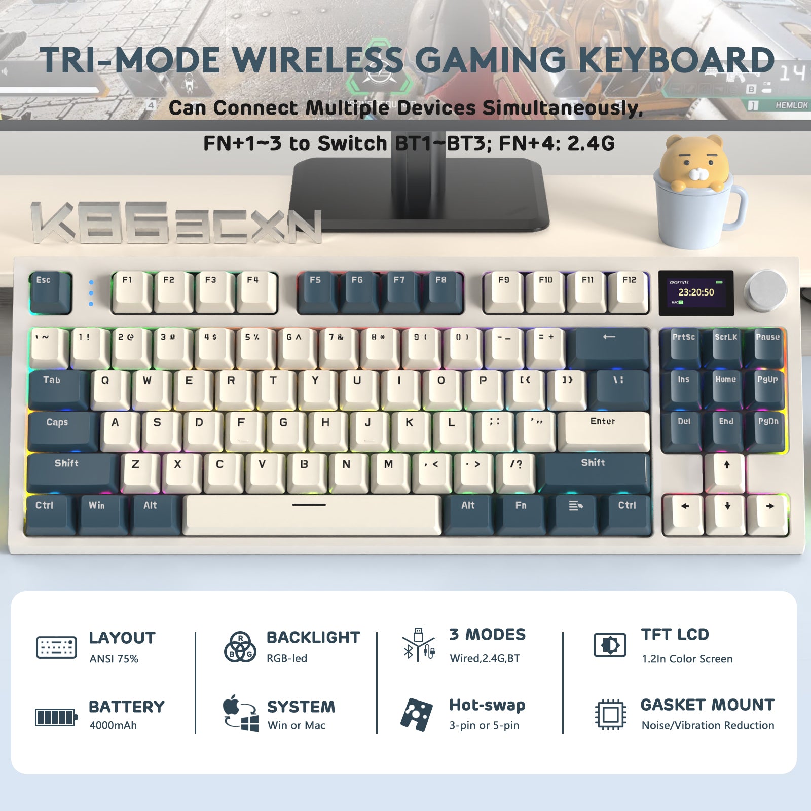 K86PRO mechanical keyboard with tri-mode connectivity, RGB backlighting, and TFT LCD.