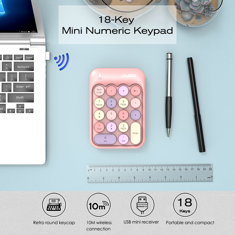 Pink 18-key mini numeric keypad with USB receiver showcasing connection features.