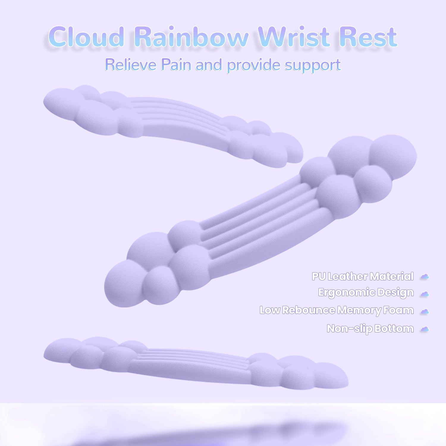 Cloud rainbow wrist rest showcasing ergonomic design and memory foam support.