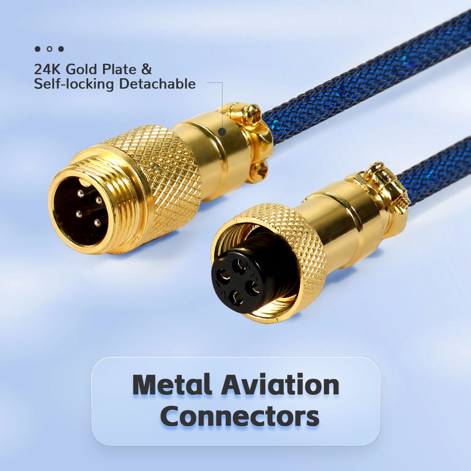 Metal aviation connectors on C03 USB-C keyboard cable with 24K gold plate.