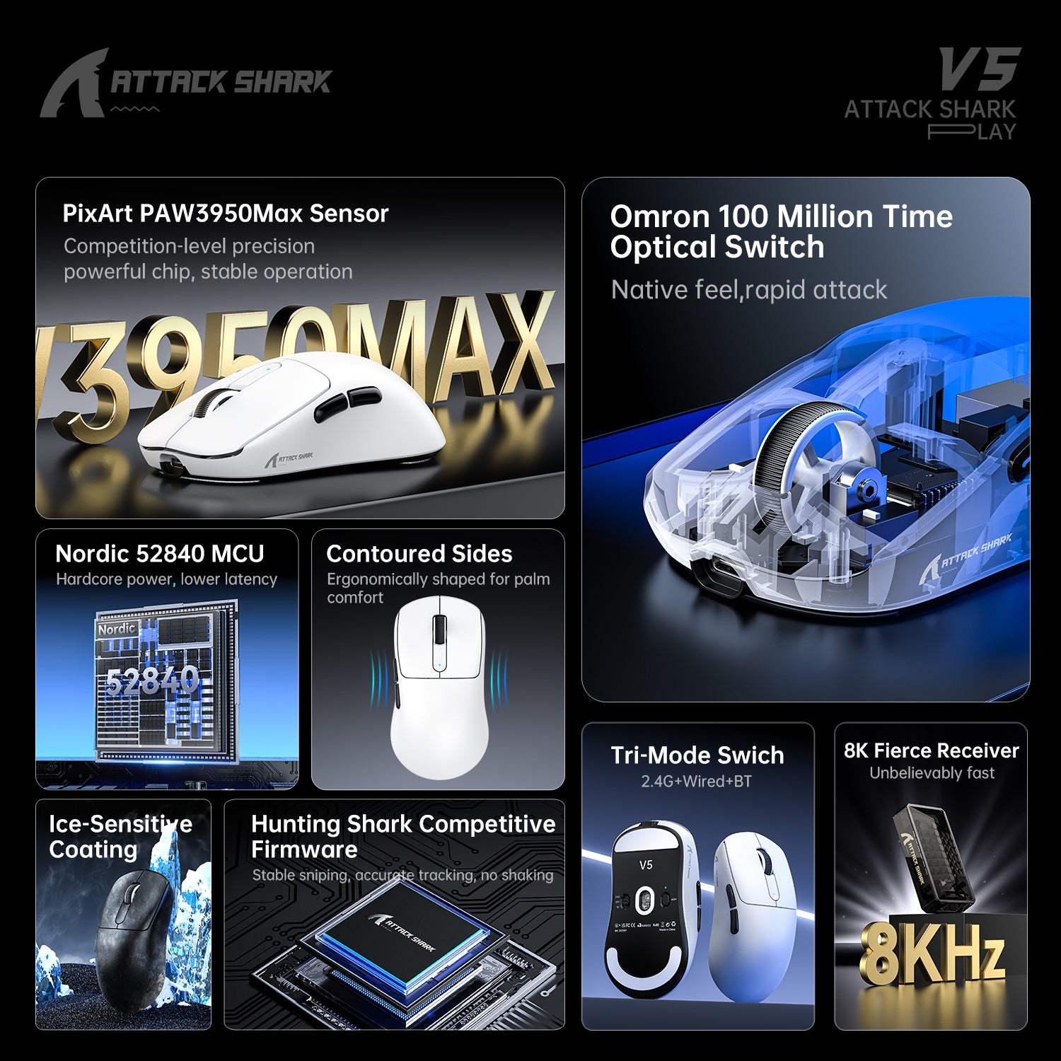 ATTACK SHARK V5 Ultra-Light Tri-Mode Gaming Mouse