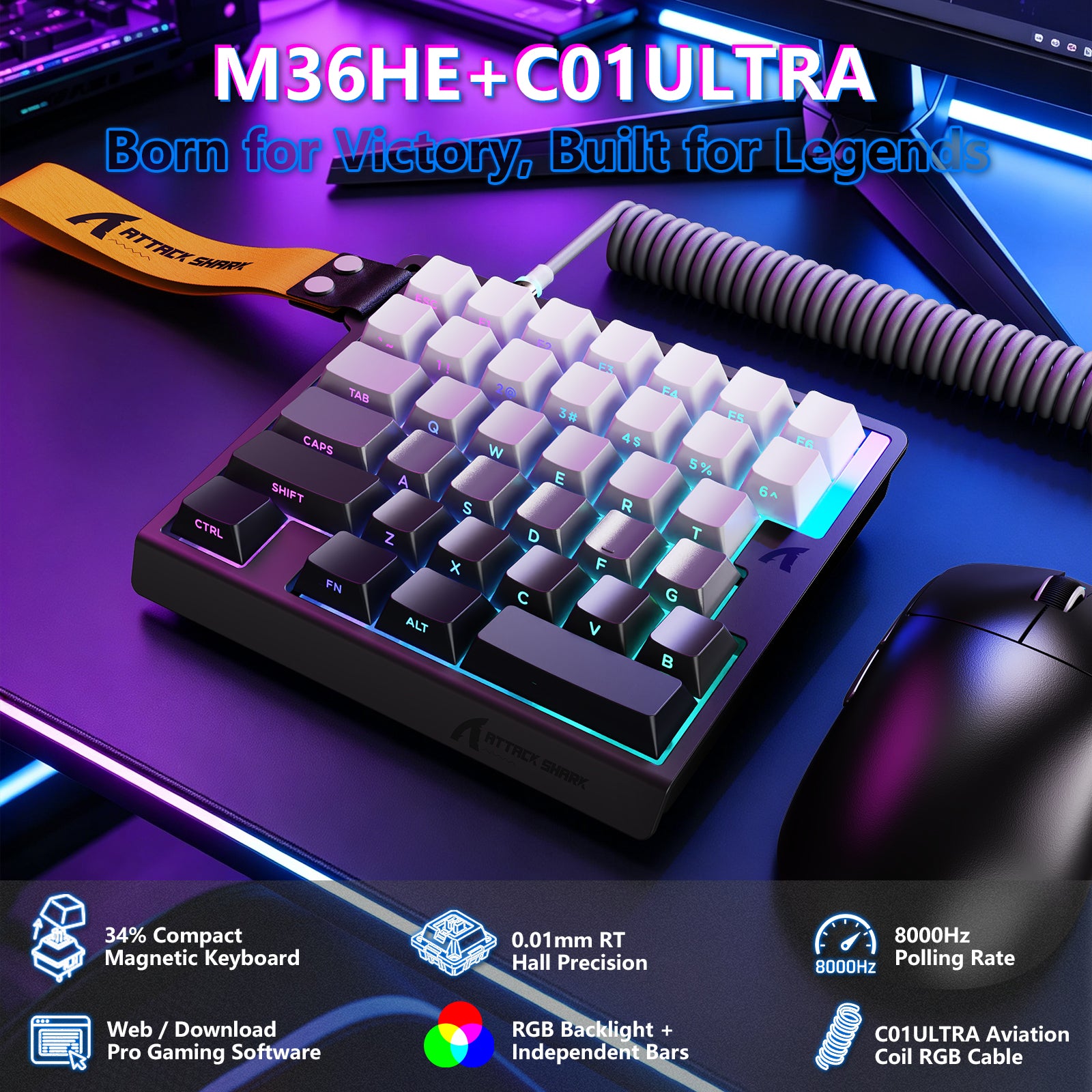 Teclado con interruptor magnético de una mano ATTACK SHARK M36 HE y cable aviador LED ULTRA C01