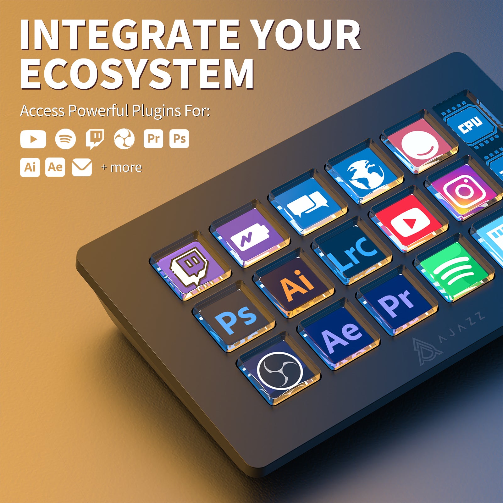 AJAZZ AKP153 Stream Deck showcasing customizable buttons for software plugins.