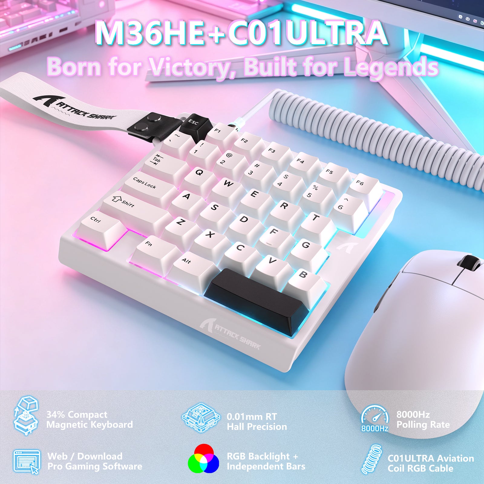 Teclado con interruptor magnético de una mano ATTACK SHARK M36 HE y cable aviador LED ULTRA C01