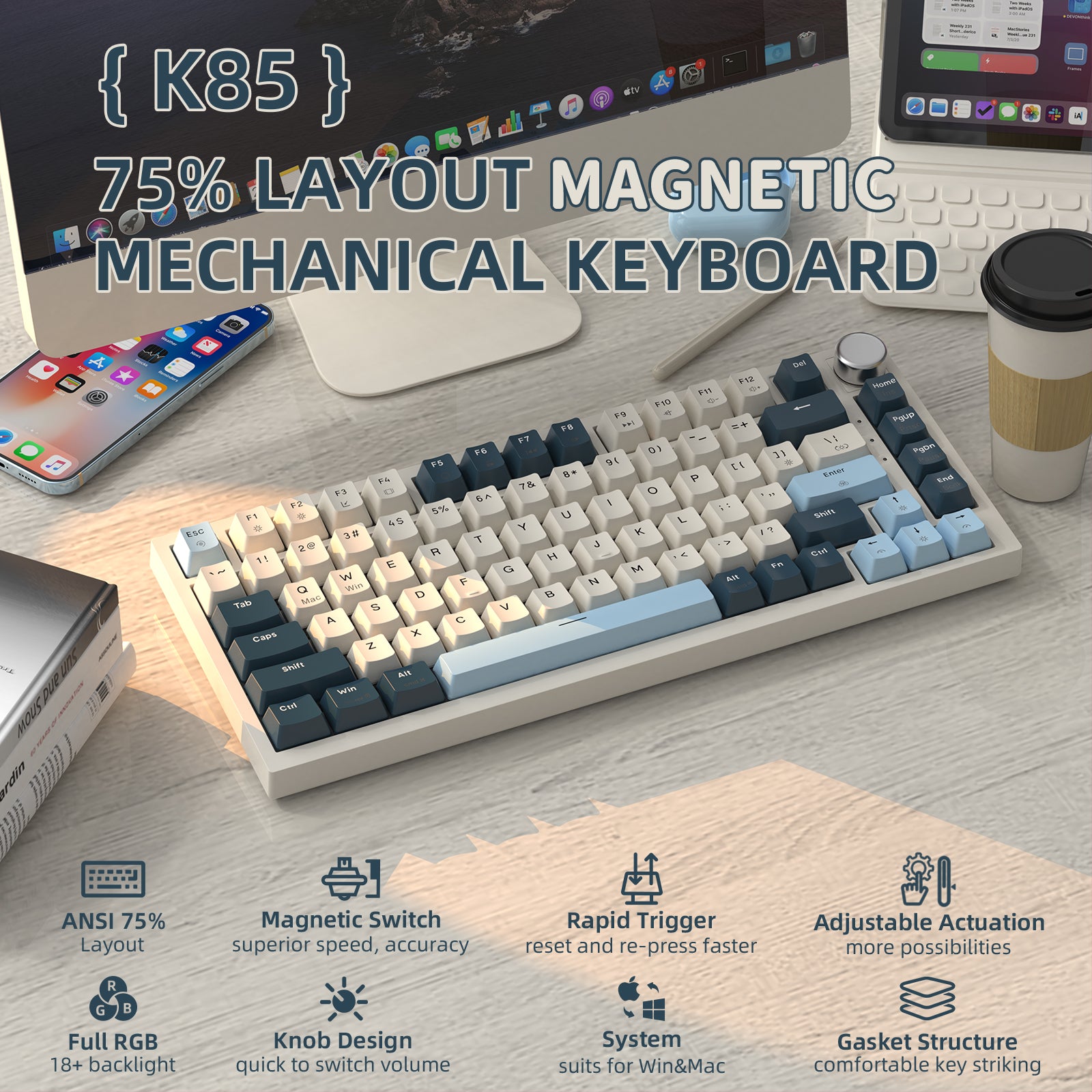 K85 75% layout mechanical keyboard featuring magnetic switches and RGB backlight.