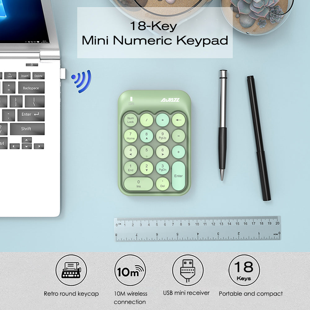 Green mini numeric keypad with rounded keycaps and USB receiver for wireless use.