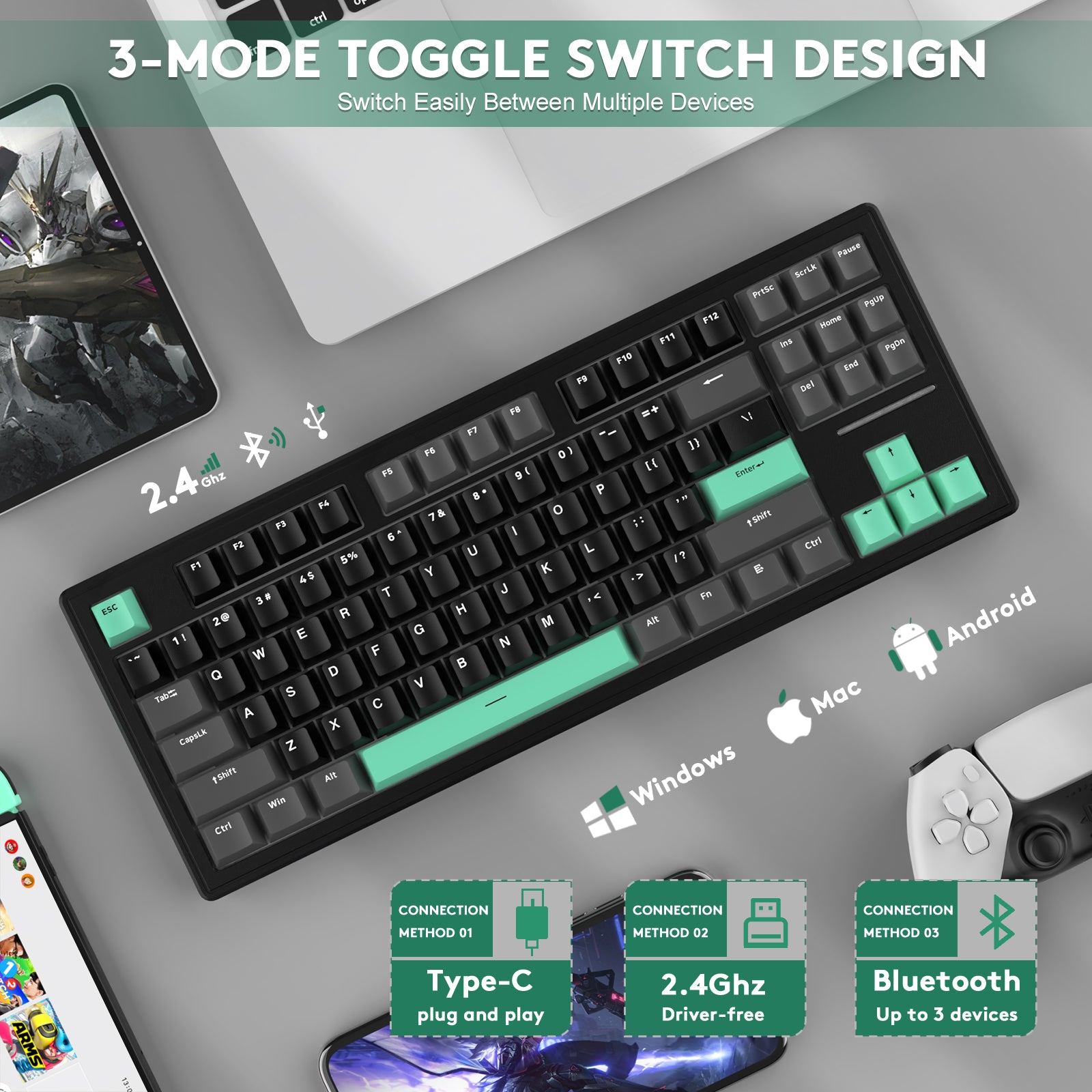 Attack Shark M87 keyboard with 3-mode toggle switch for multiple devices