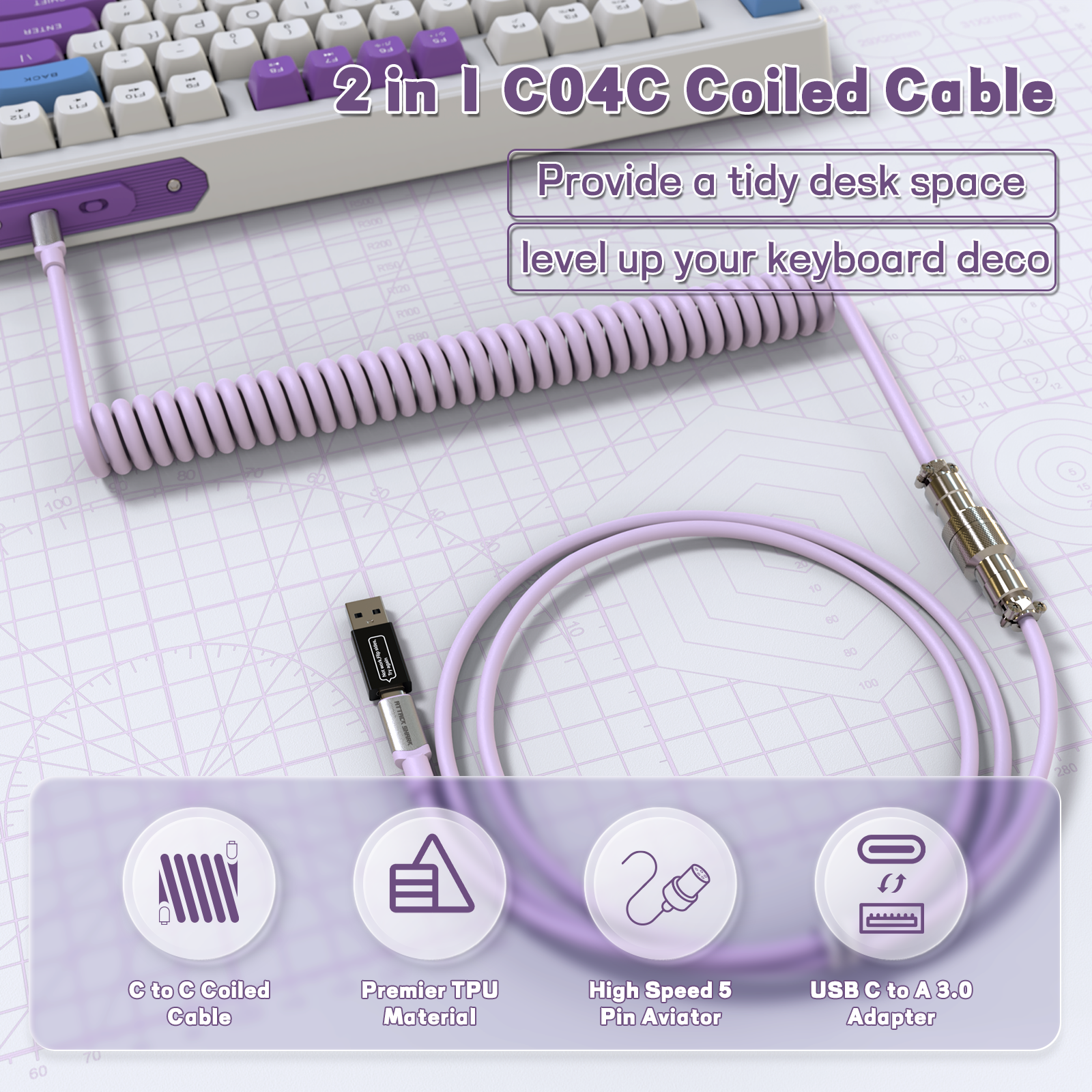 Lavender coiled USB C keyboard cable with USB-A adapter and detachable 5-pin aviation connector.