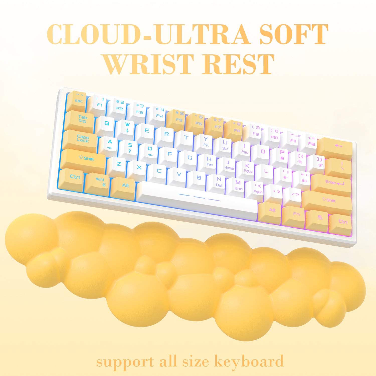 Yellow cloud-shaped wrist rest under pastel mechanical keyboard for ergonomic support.