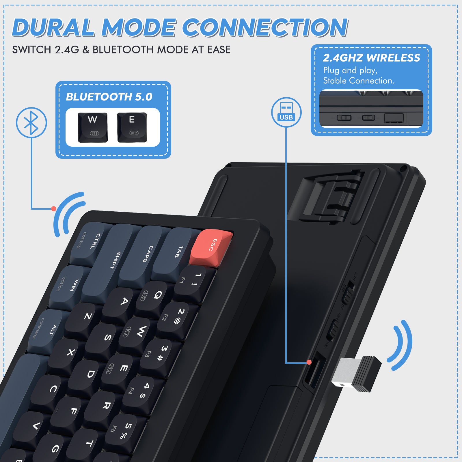 AKL680 keyboard showcasing dual mode connection and USB receiver features