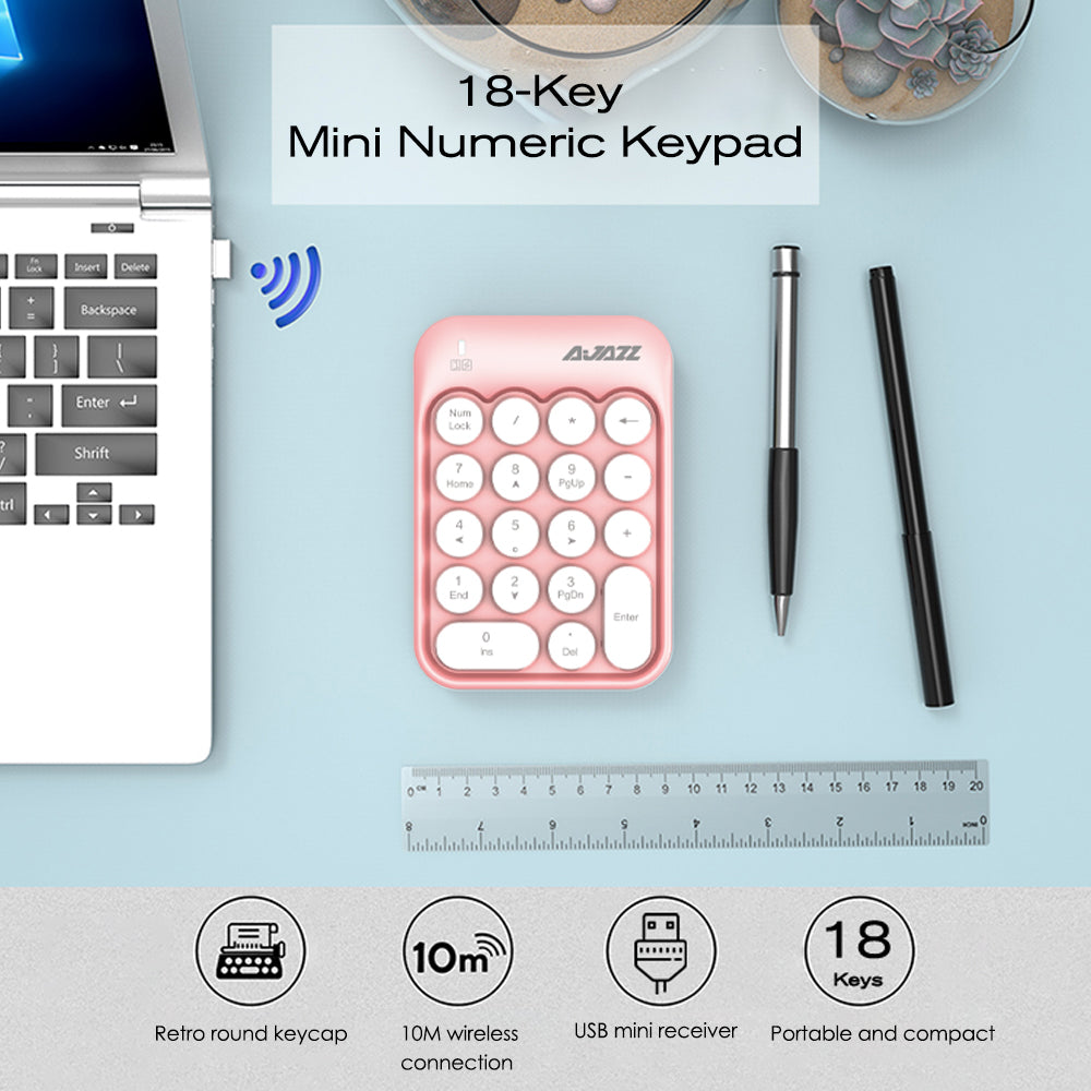 Compact pink 18-key mini numeric keypad with USB receiver and wireless connectivity.