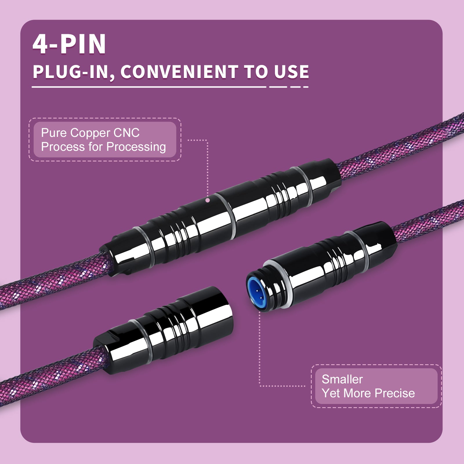 4-pin copper aviation connector on purple braided USB cable for gaming peripherals.