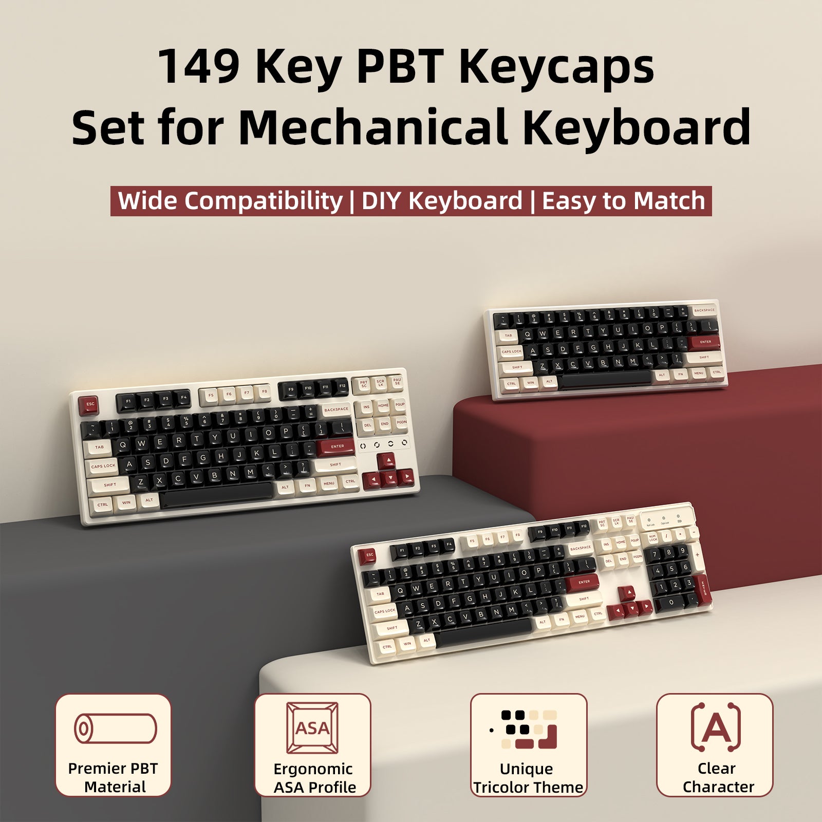 149 key PBT keycaps set in black, cream, and red for DIY mechanical keyboards.